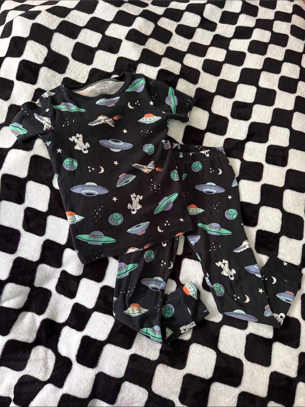 Kids Black Space UFO Pajama Set - Rocket & Astronaut Print